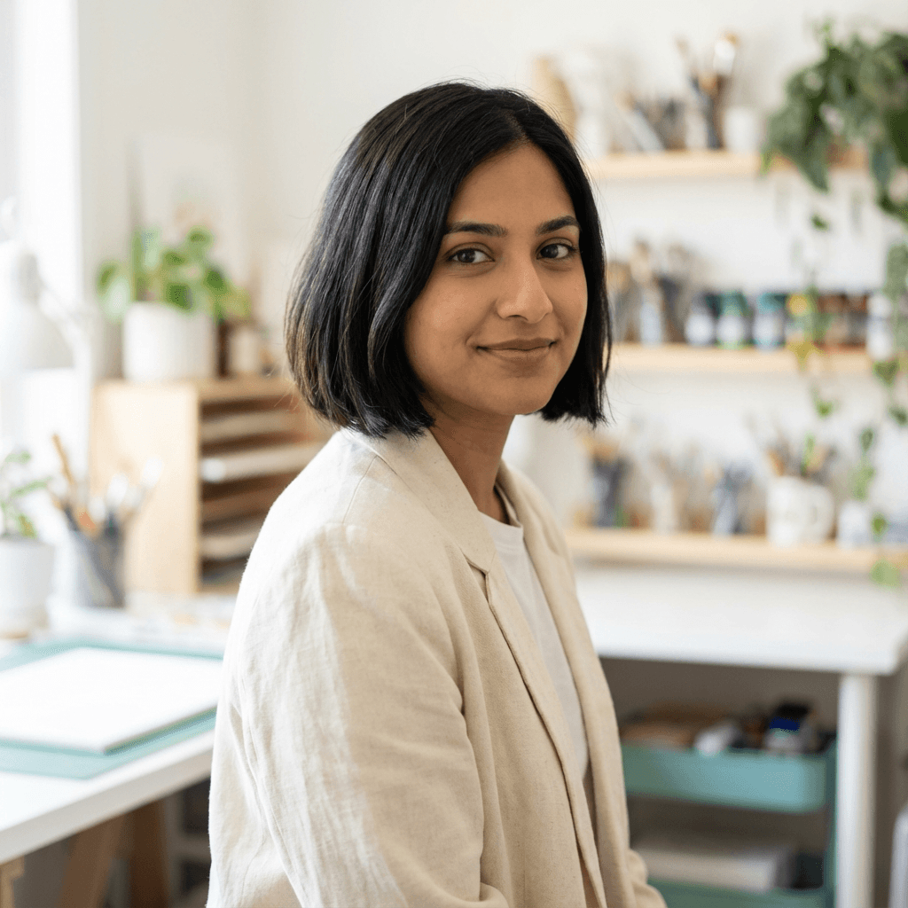 Deepika Nair arranging plants on a shelf