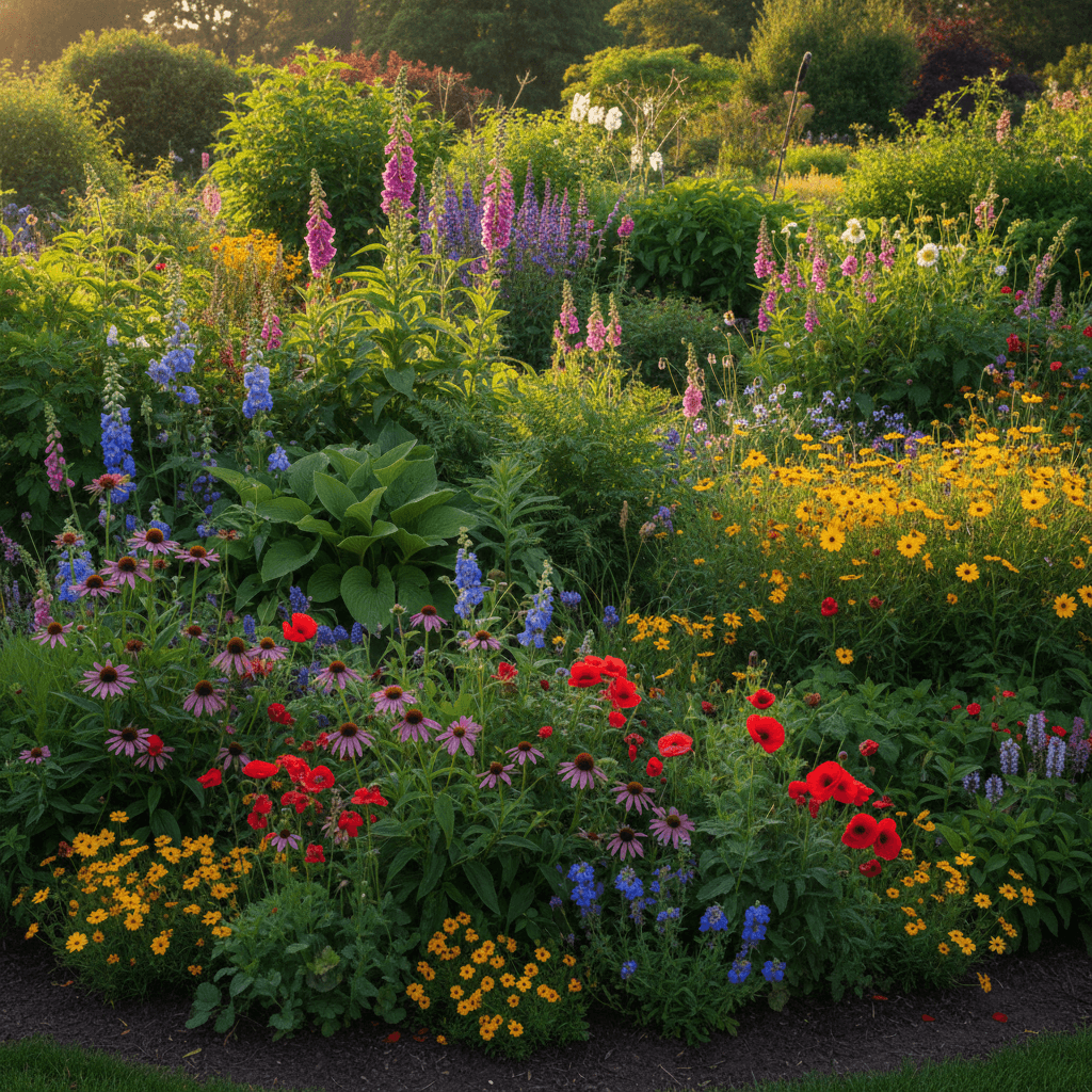 Vibrant outdoor garden with flowering plants and greenery