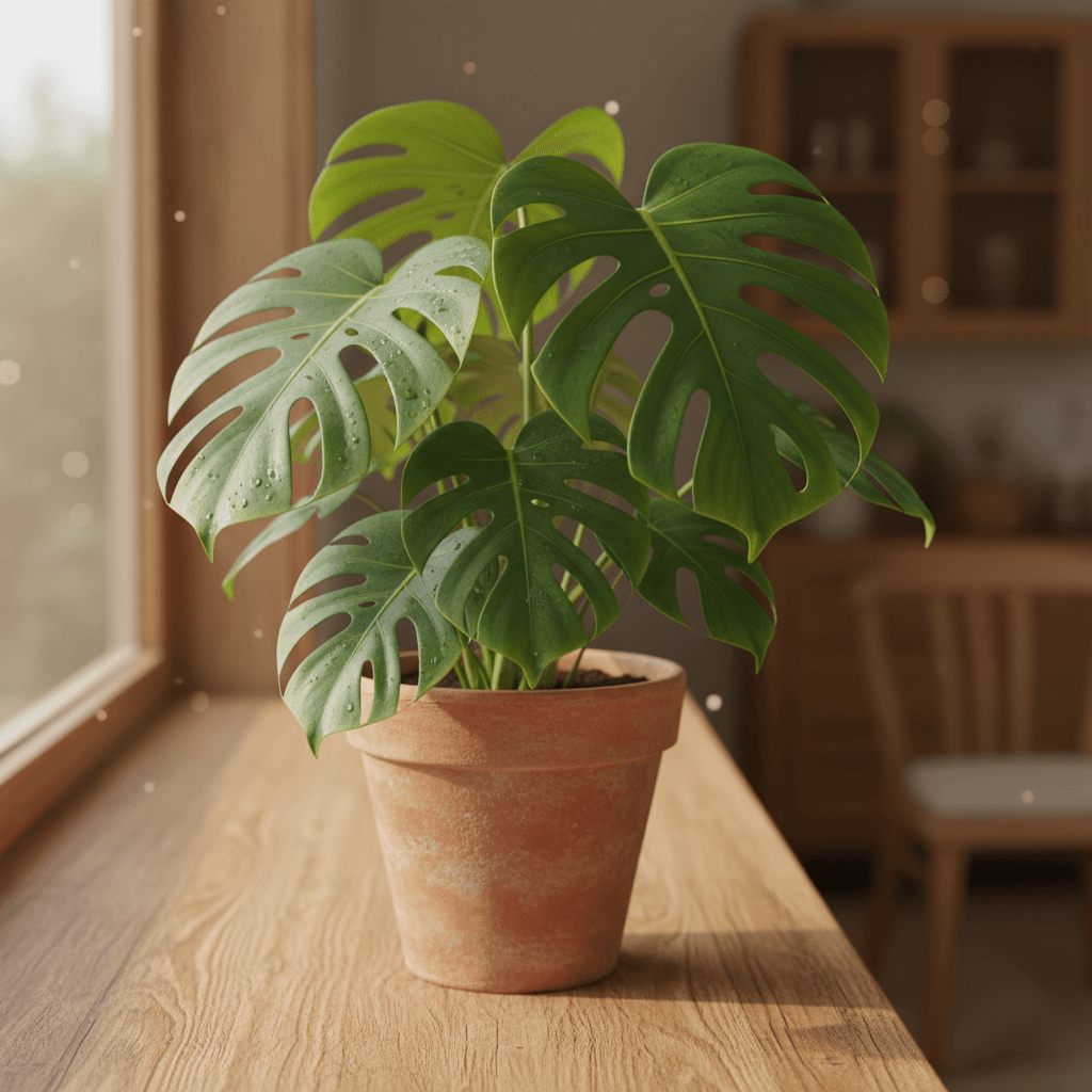 Lush indoor potted plant on windowsill with natural light