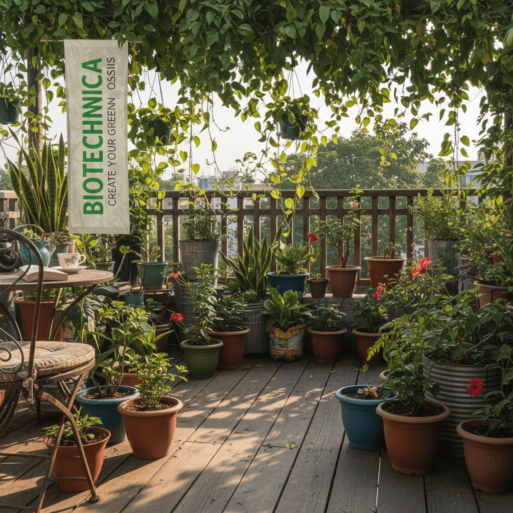 Outdoor terrace garden displaying various potted plants and decor