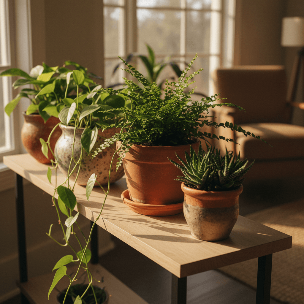 Indoor plants on a sunlit shelf