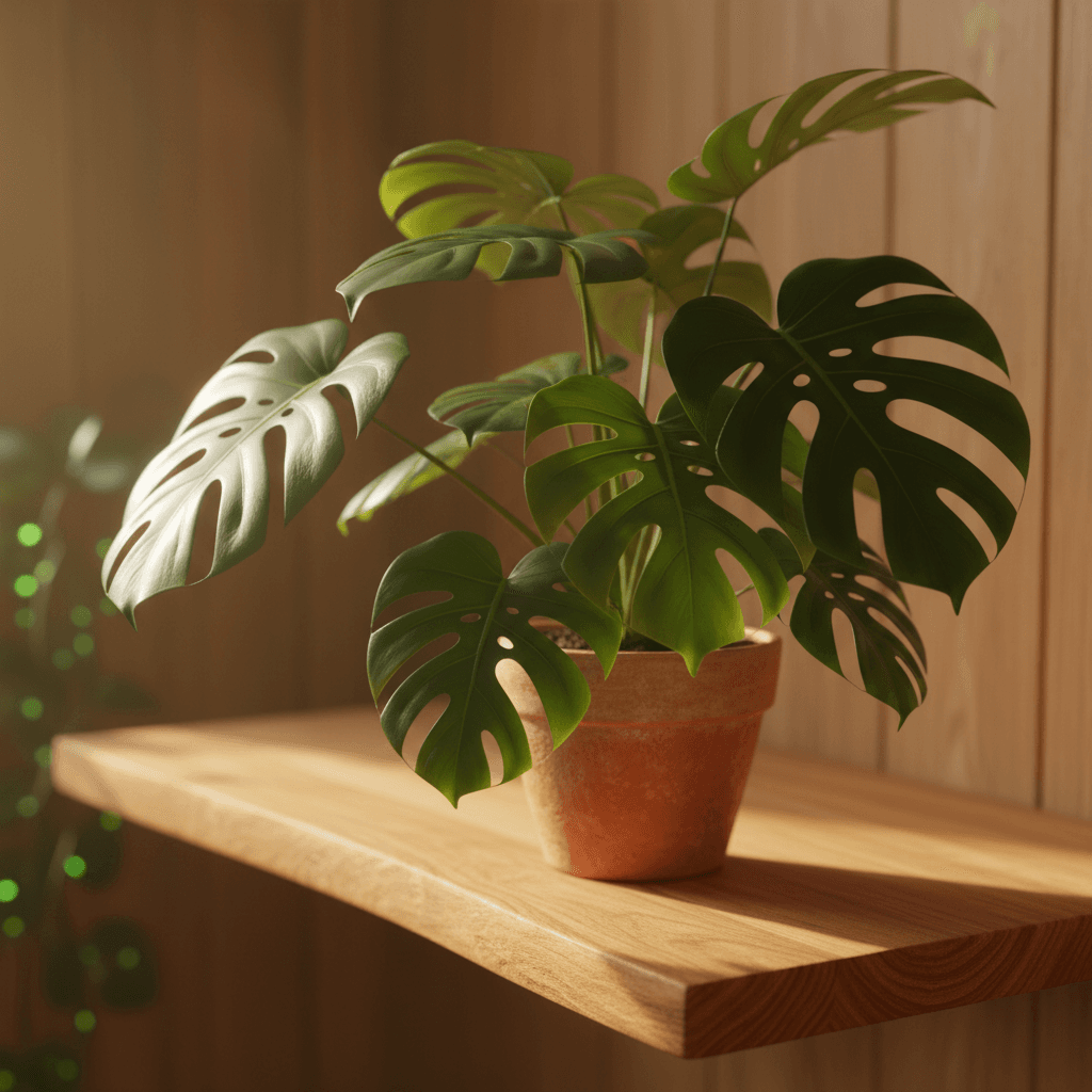 Healthy potted monstera plant with split leaves on wooden shelf