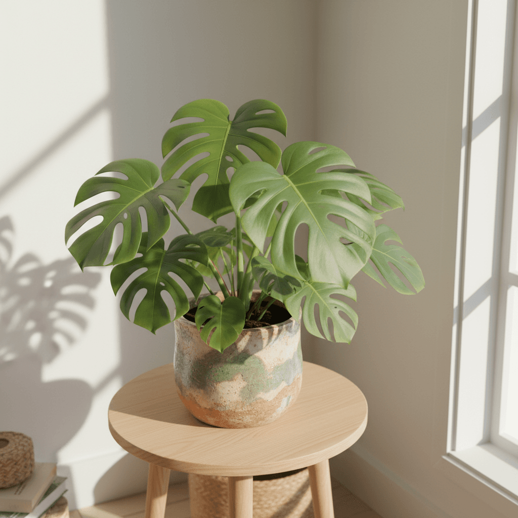 Monstera plant in handmade recycled pot by sunlit window
