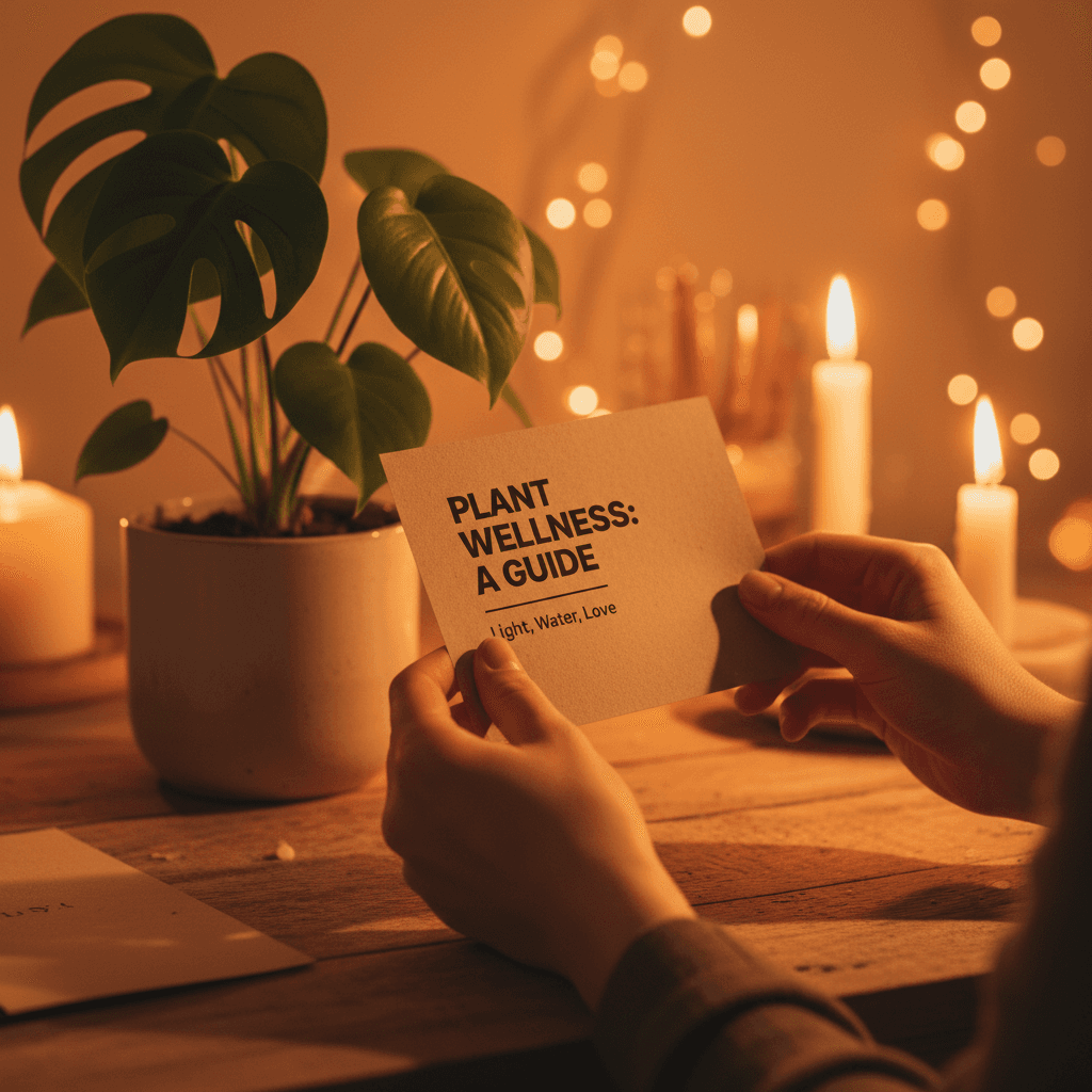Hands holding plant care guide next to a potted plant