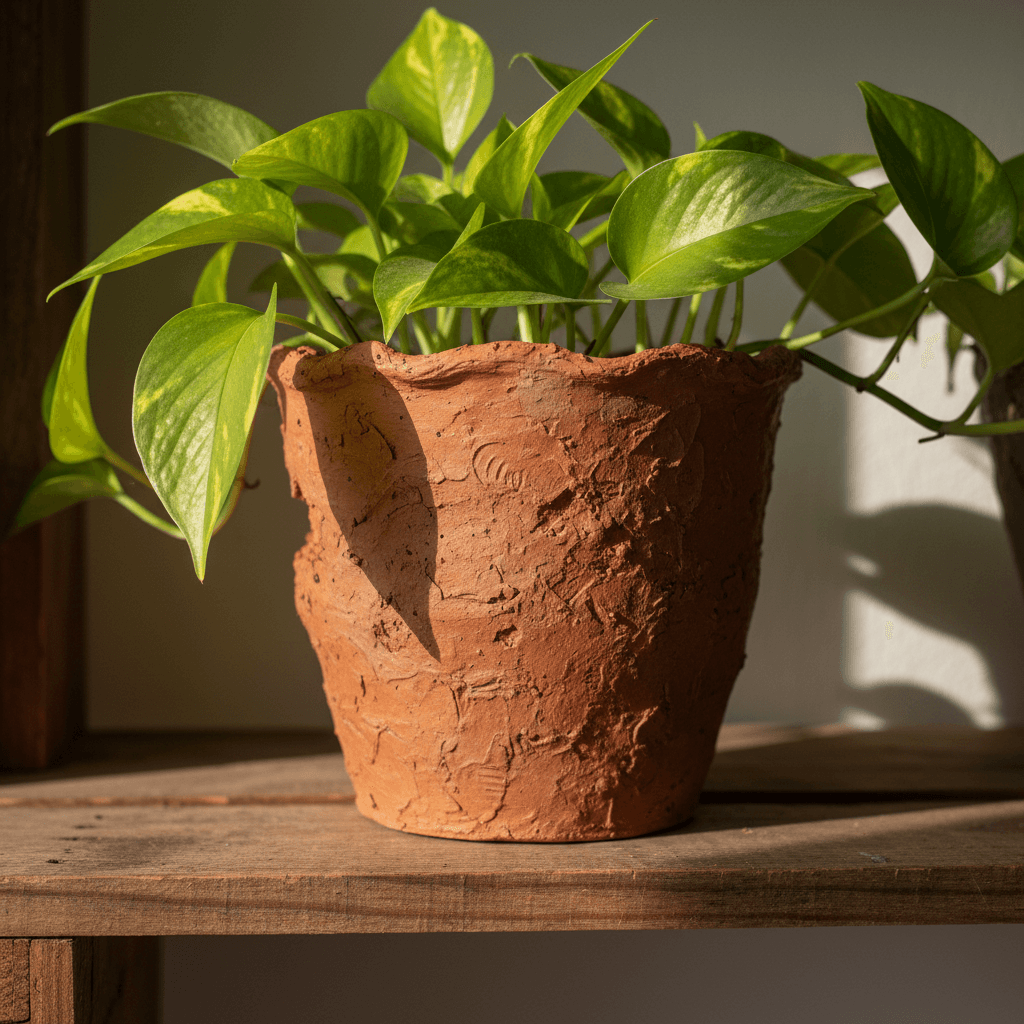 Handmade recycled clay pot with pothos plant
