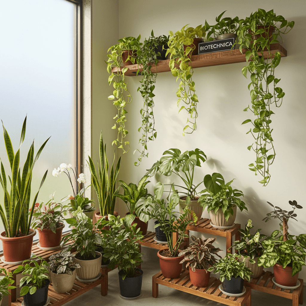 Lush indoor plant corner with multiple Biotechnica plants