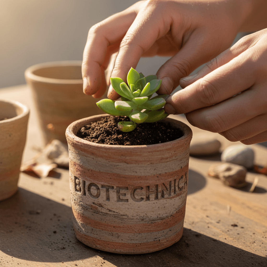 Hands potting succulent into handmade recycled clay pot