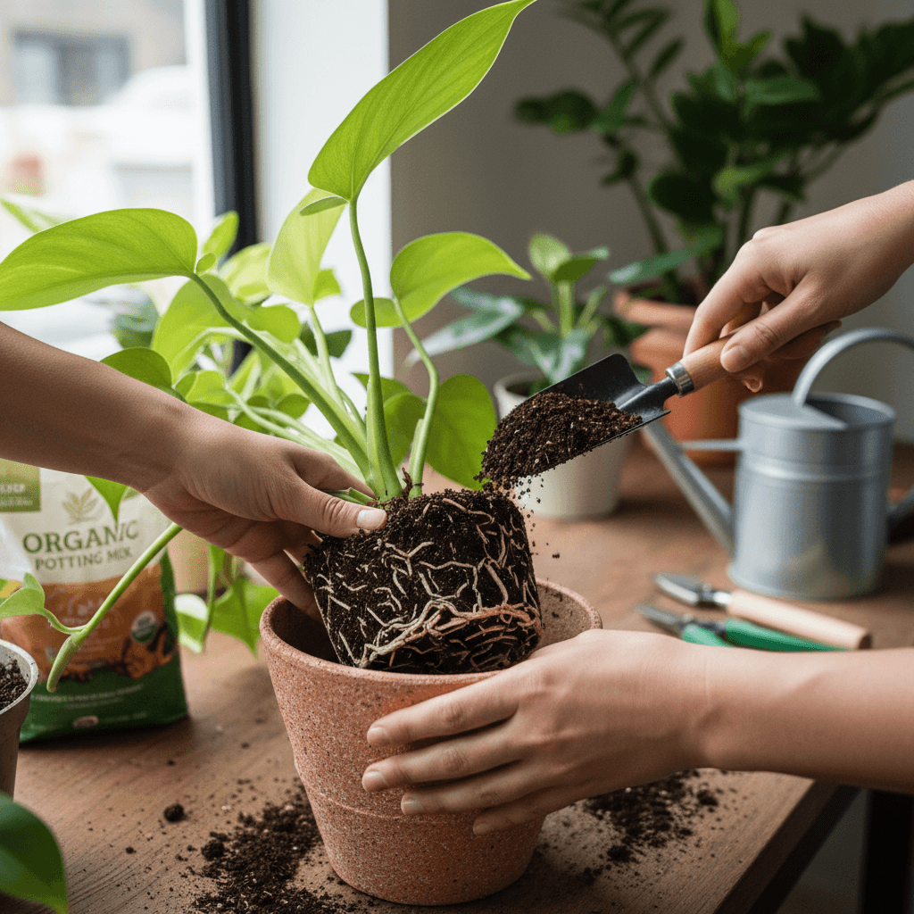 Hands repotting philodendron into recycled sustainable pot