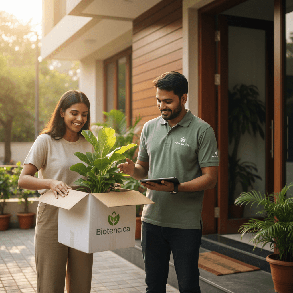 Customer receiving Biotechnica plant delivery at home