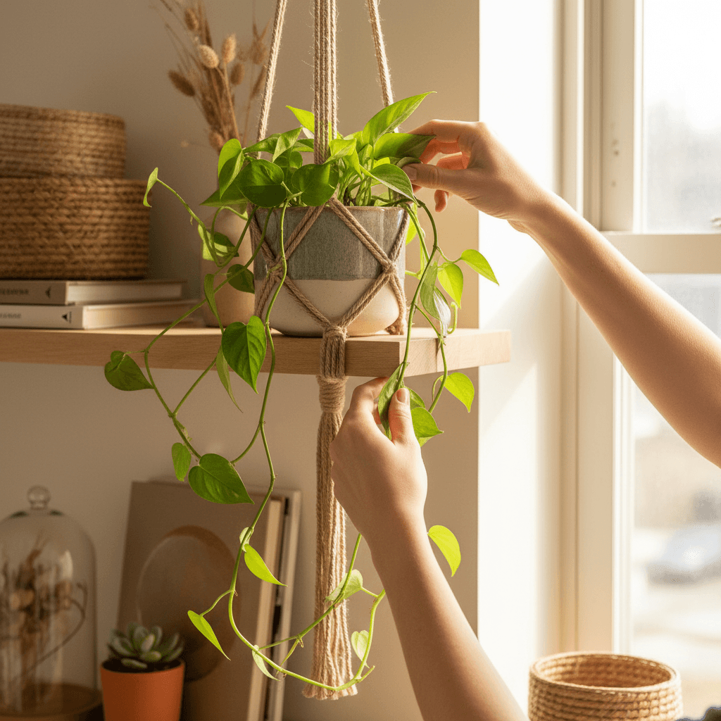 Person arranging money plant in home decor setup