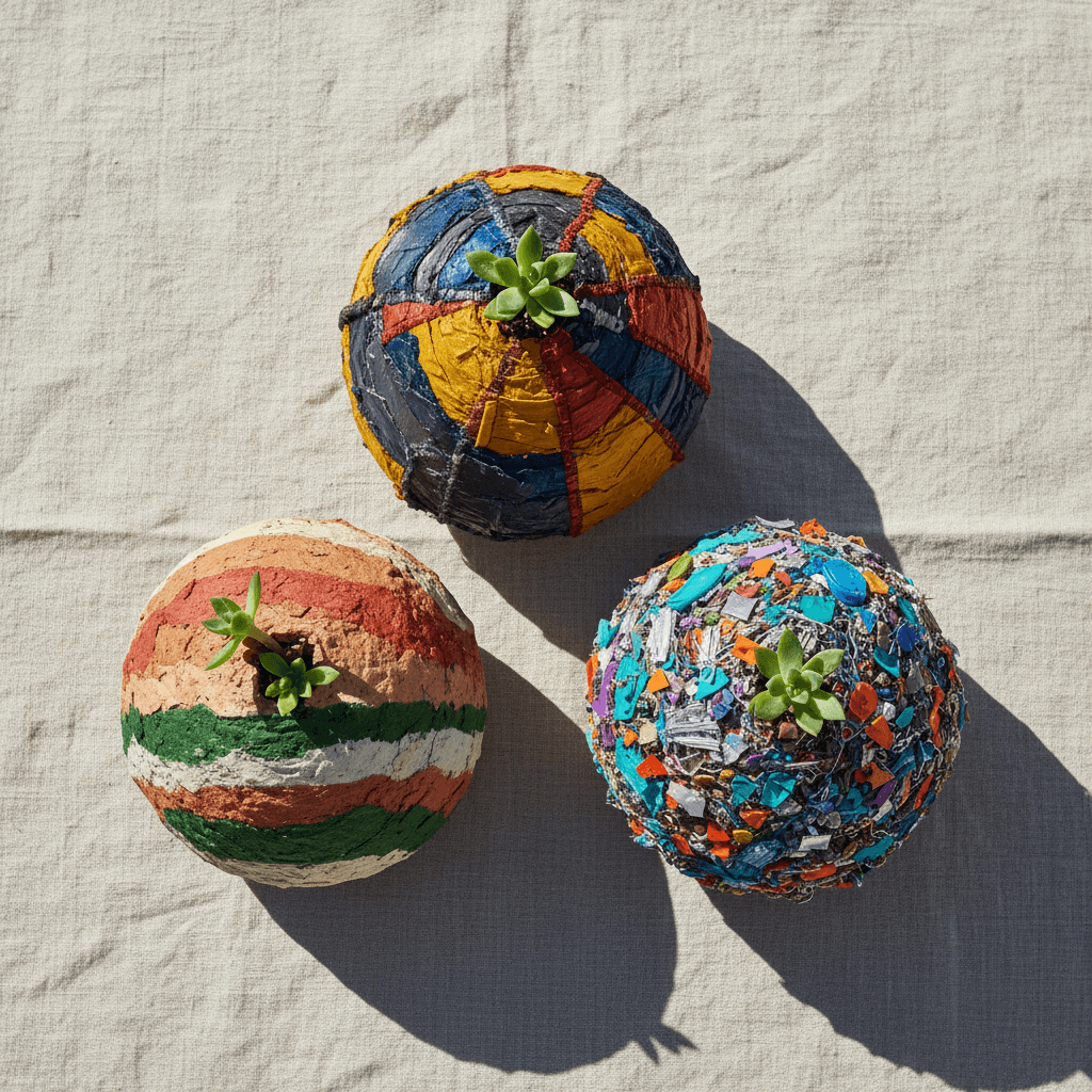 Three handmade recycled pots arranged overhead showing unique patterns