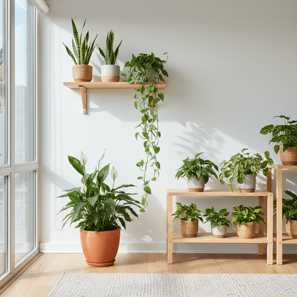 Styled indoor plant corner with multiple species on wooden shelves