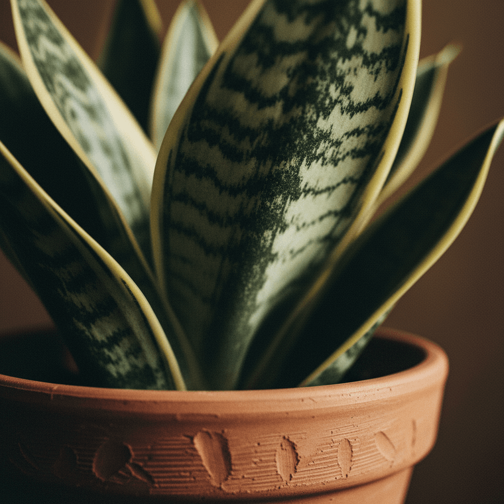 Detailed close-up of snake plant and handmade pot