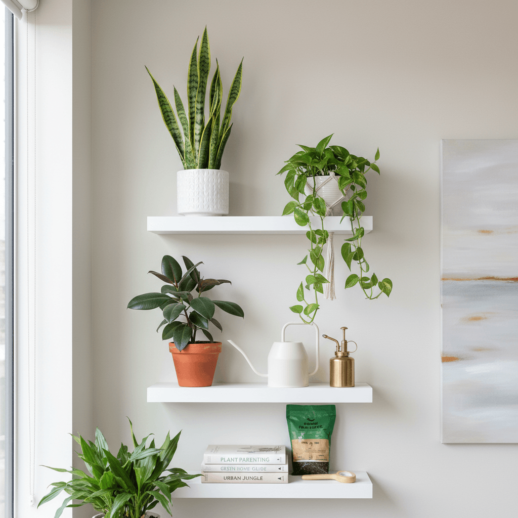 Collection of healthy indoor plants on shelves with care supplies
