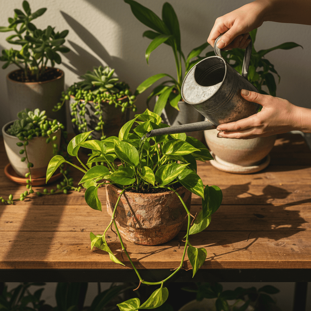 Person watering indoor pothos plant in recycled pot