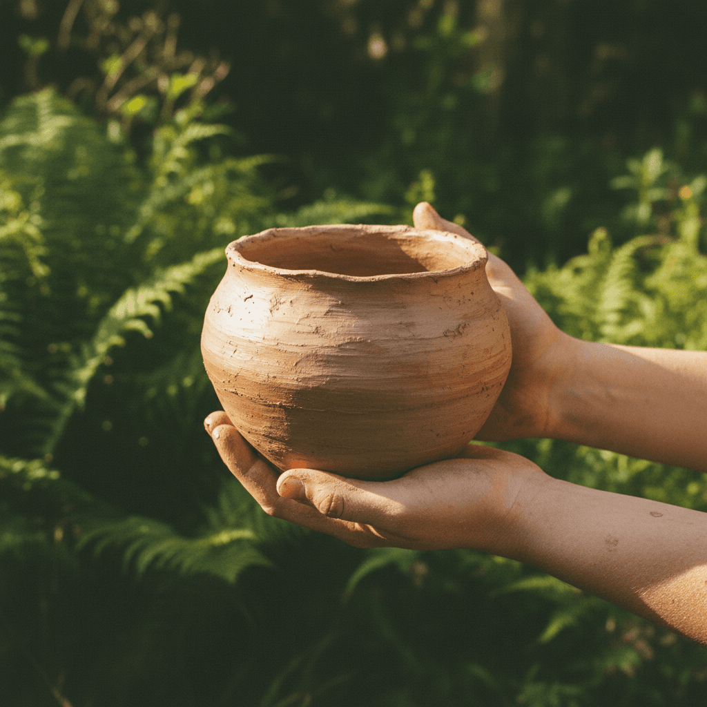 Handmade clay pot held in hands showing artisanal craftsmanship