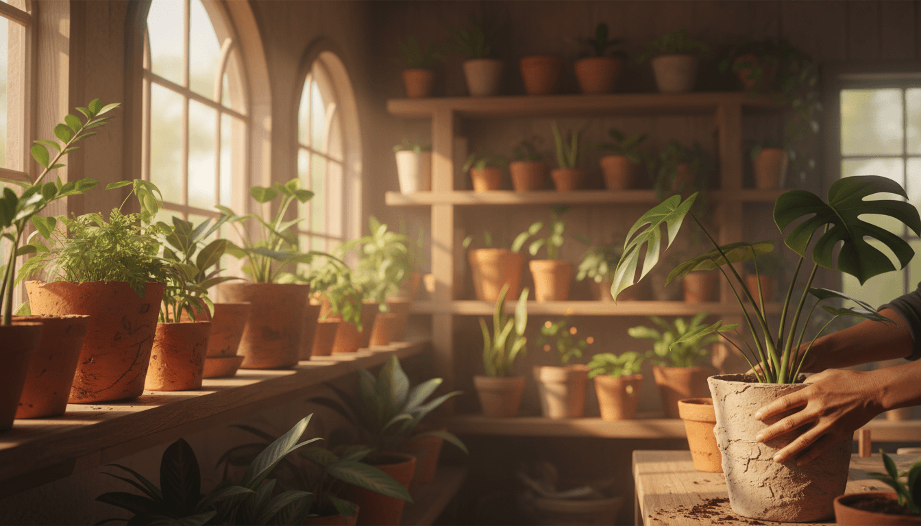 Lush indoor plants in handmade recycled pots arranged with warm morning sunlight