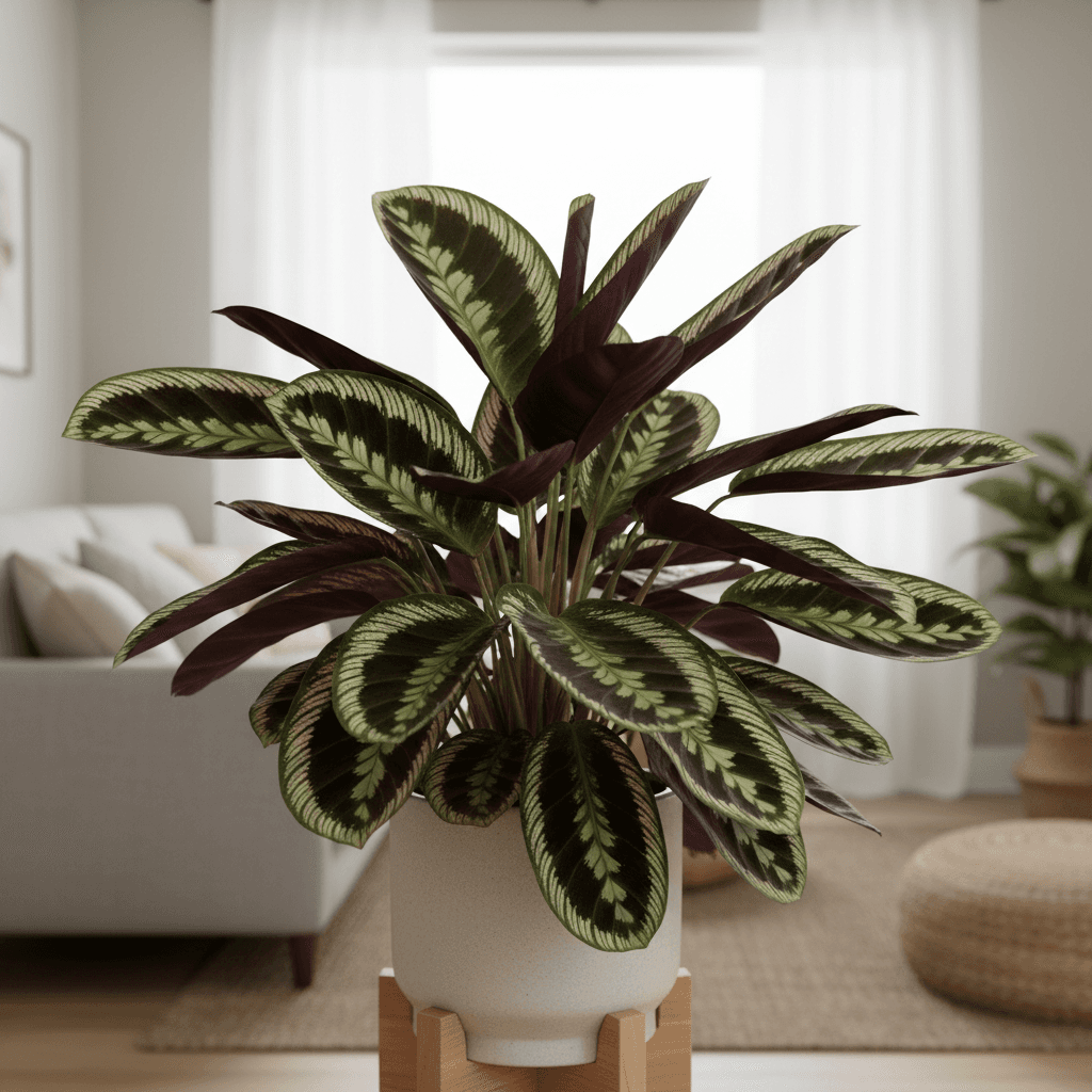 Thriving peacock plant with vibrant patterned foliage