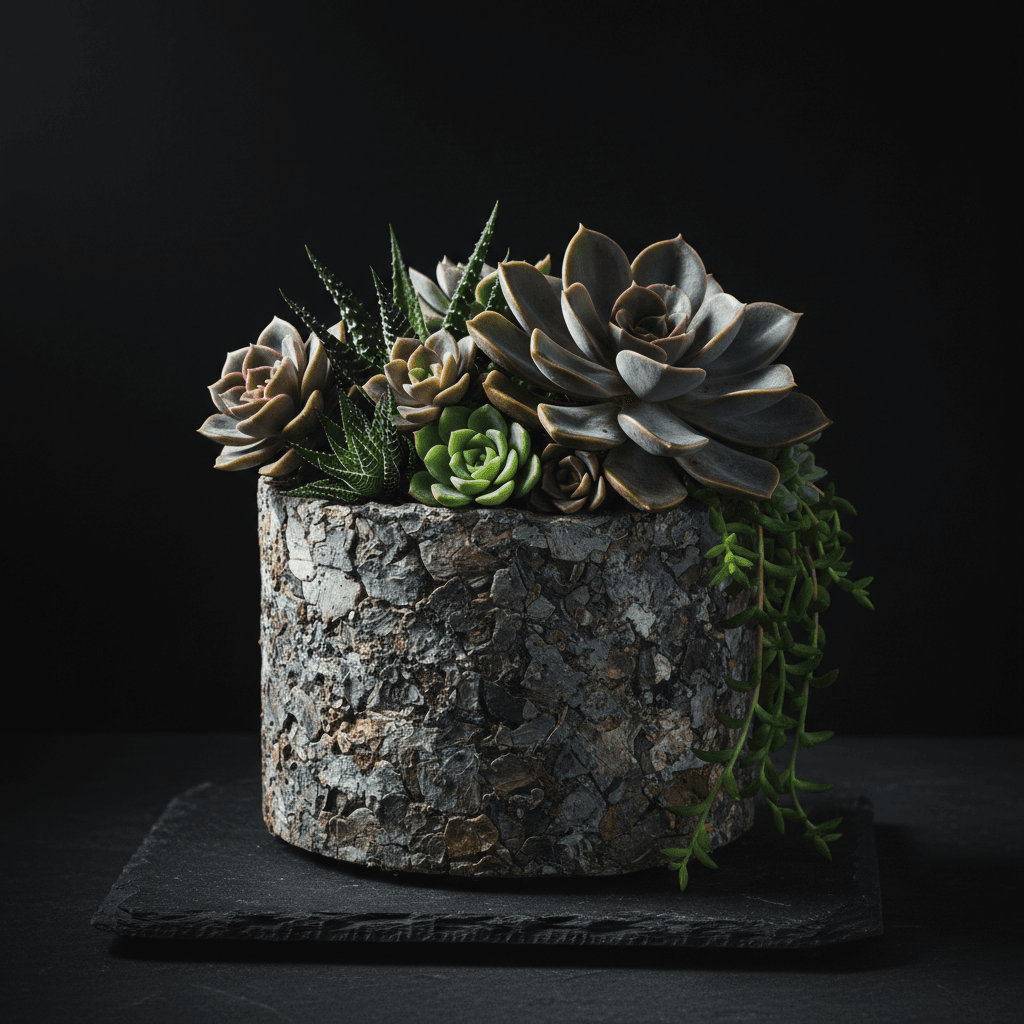 Succulent plant in minimalist recycled pot with dramatic lighting