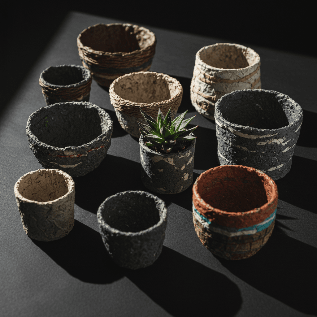 Handmade recycled pots collection with varying textures