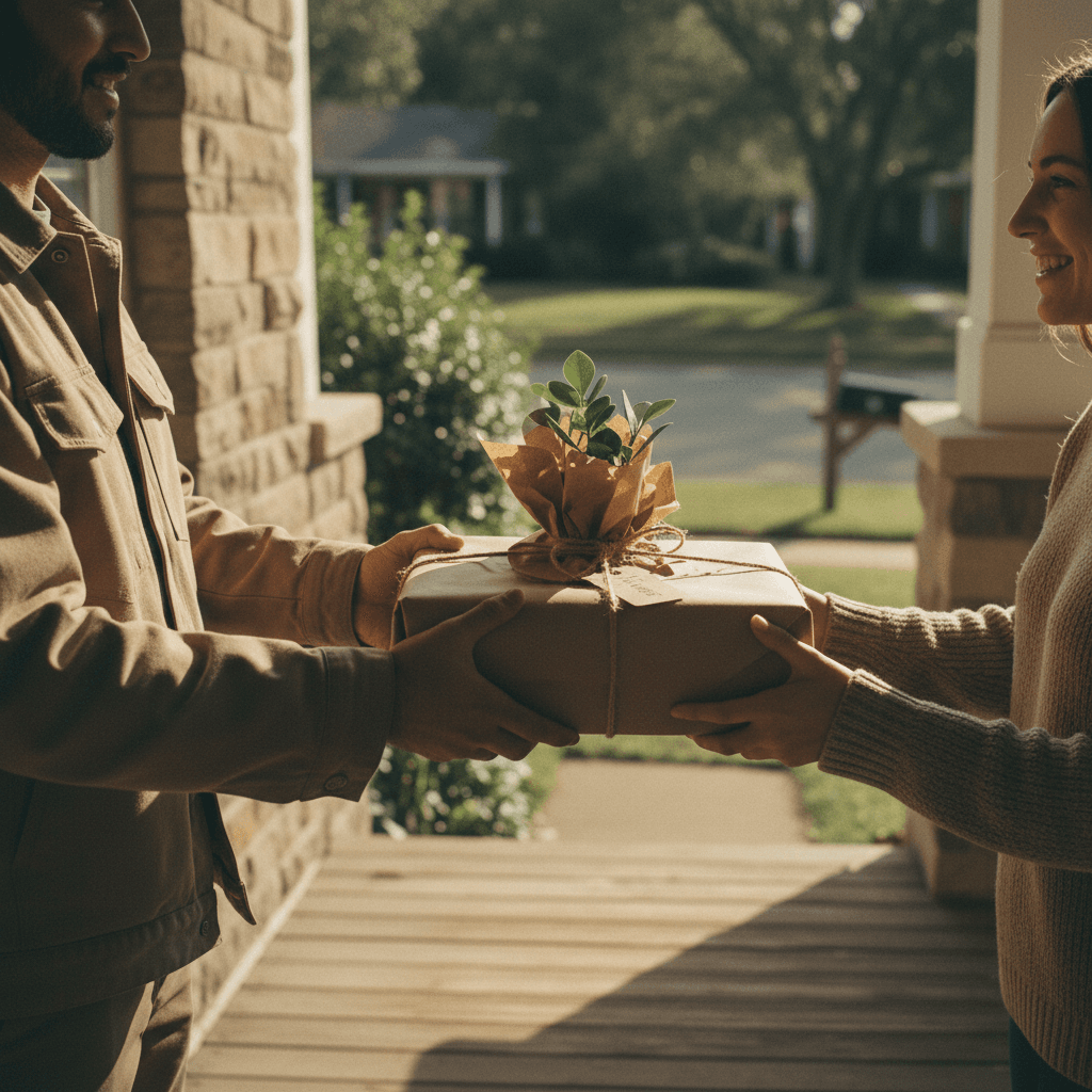Plant delivery package being received at doorstep
